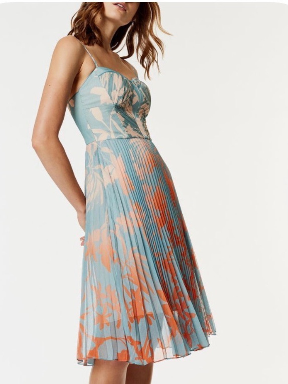 Karen Millen Blue Midi Dress with Peach Floral Print